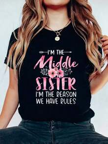 Camisetas de manga corta para mujer 100% algodón, cuello redondo, camiseta con estampado floral "Soy la hermana del medio, soy la razón por la que tenemos reglas", diseño gráfico, cuello redondo, mangas cortas, tela elástica, top de verano. - Negro - Ver 6