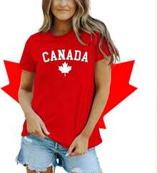 New Women's Summer Casual T-Shirt, Cotton, With Canadian Flag And Heart Print, Short Sleeve, Round Neck, Drop Shoulder, Cute Summer T-Shirt With Slightly Stretchy Fabric - Vintage Urban Style, Unisex, Loose Fit, Cotton, Short Sleeve, Round Neck. - 紅色2 - 查看 2