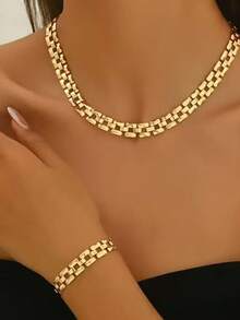 RAYQUEEN New Stainless Steel Hip Hop Geometric Chain Necklace & Bracelet Set, Suitable For Daily Wear And Gift - Yellow Gold - View 3