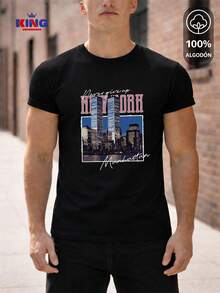 King T-shirt Playera 100% algodón de excelente calidad, esta playera garantiza una suavidad excepcional al tacto, cuello redondo con estampado "New York Manhattan Vintage Skyline" y manga corta - Negro - Ver 1