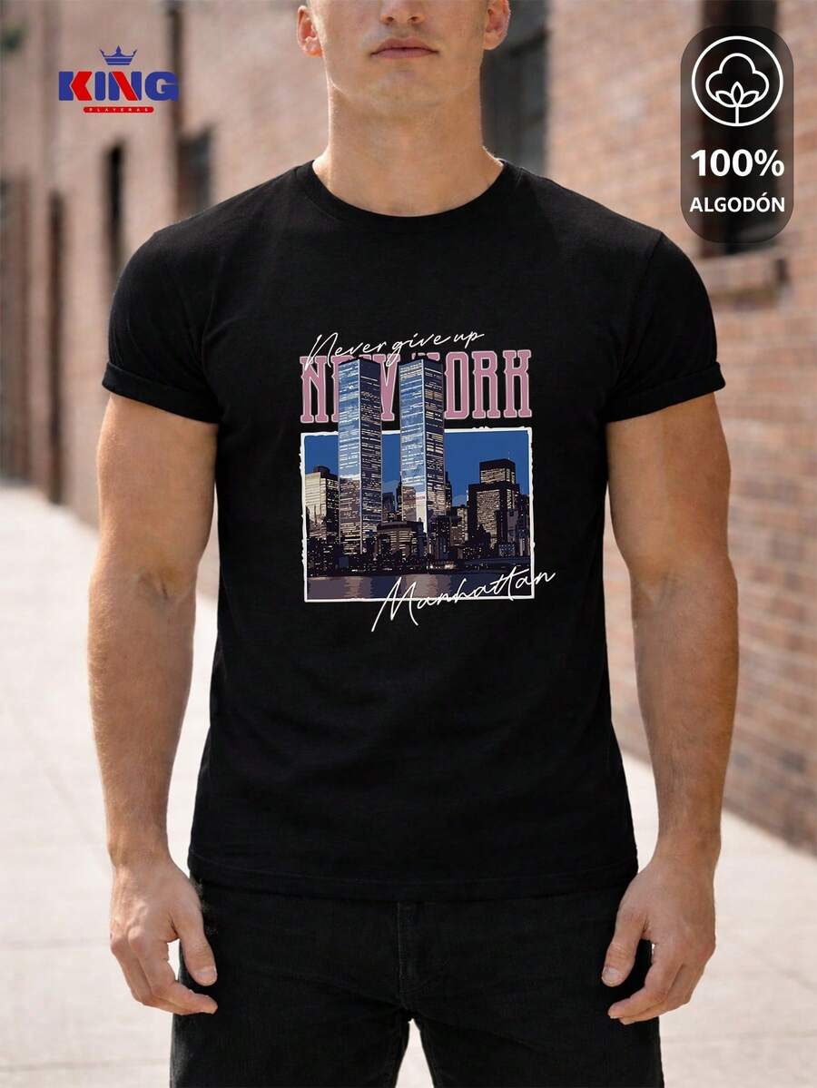 King T-shirt Playera 100% algodón de excelente calidad, esta playera garantiza una suavidad excepcional al tacto, cuello redondo con estampado "New York Manhattan Vintage Skyline" y manga corta - Negro - Ver 1