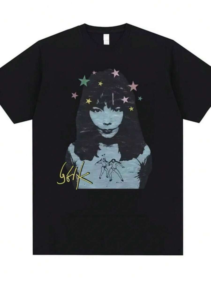 Blouses For Women Women's Casual & Sexy White Round Neck Short Sleeve T-Shirt With Vintage Aesthetic Figure Print, Knitted Fabric For A Cute Y2K Look. - 黑色 - 查看 1