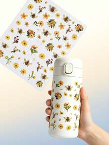 1pc Bee & Sunflower Floral Sticker, INS Style Pastoral Fresh Waterproof Decorative Sticker For Tumbler, Phone Case, Planner DIY - MO-293 - View 1