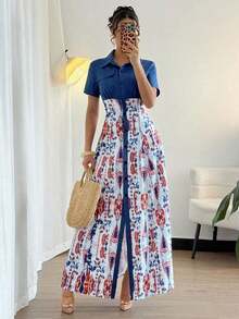 Vestido largo elegante de mujer con estampado floral azul, de manga abierta y efecto splice para el verano - Multicolor - Ver 7