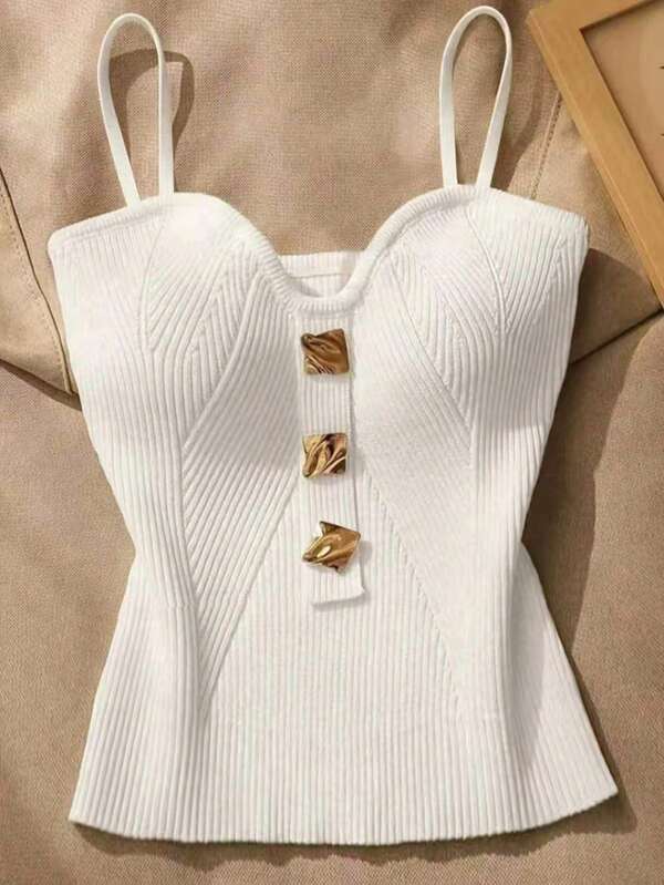 女士夏季纯色极简针织吊带背心，修身法式优雅针织吊带背心，充满夏威夷风情，适合度假穿着，可单穿或叠穿，女士街头时尚白色