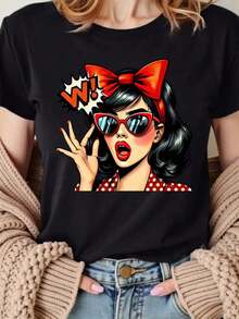 Camiseta con Estampado de Personajes Vintage, Cuello Redondo Casual, Manga Corta, Adecuada para Primavera y Verano, Cómoda y Transpirable, Apta para Todas las Temporadas, Ropa de Mujer, Camiseta de Algodón - Negro - Ver 11