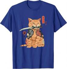 Alexamerch Cats Camiseta japonesa con gráfico de tatuaje kawaii, gato samurái, para niños, fanáticos del anime, amantes de la ropa casual, unisex, color negro, talla S, manga corta, ajuste clásico, algodón, poliéster - Azul real - Ver 1