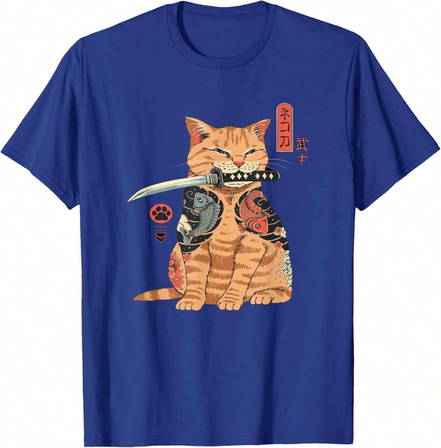 Alexamerch Cats Camiseta japonesa con gráfico de tatuaje kawaii, gato samurái, para niños, fanáticos del anime, amantes de la ropa casual, unisex, color negro, talla S, manga corta, ajuste clásico, algodón, poliéster - Azul real - Ver 1
