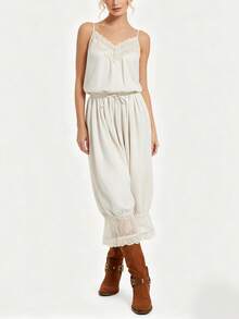 Women's Summer Lace Patchwork V Neck Jumpsuit - Spaghetti Strap Sleeveless With Drawstring Waist For Vacation  Daily - White - View 2