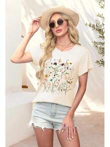Camiseta de Mujer con Estampado LETSEE, Manga Corta, Holgada, Casual, Bonita, Estilo Bohemio Retro, Top de Verano - Beis - Ver 3