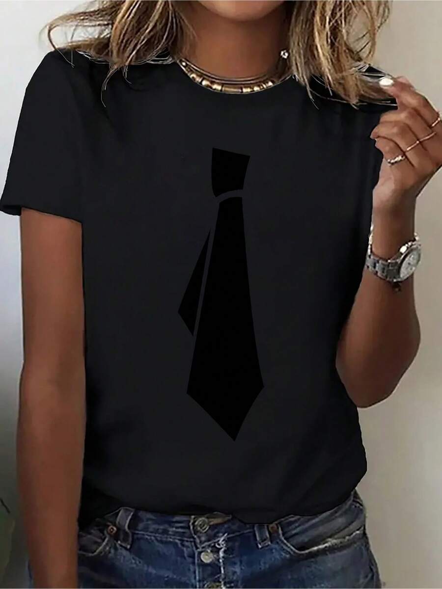 An Interesting T-Shirt - Adorable Bow Print T-Shirt - Fashionable Casual Short Sleeve T-Shirt For Women, Comfortable Crew Neck Base T-Shirt With Stylish And Fun Print, Suitable For Gifts, Festive Outfits, Comfortable And Breathable Short Sleeve Sweatshirt[COD] - 黑色 - 查看 1