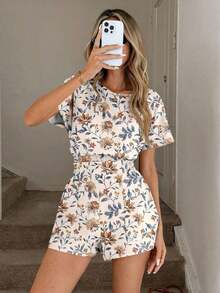 Set de 2 piezas de top corto y shorts con cintura ajustada, estampado geométrico abstracto de líneas, cómodo y casual para vacaciones y uso diario, primavera/verano - Multicolor 5 - Ver 5