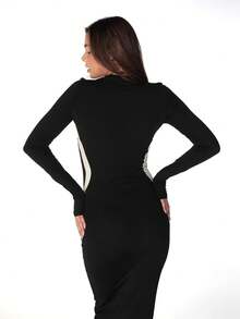 Color Block Splice Bodycon Dress Black Elegant - Black - View 11