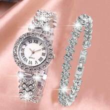 1 pieza Reloj de cuarzo elegante y de moda con números romanos redondos y juego de pulsera para mujer, adecuado para uso diario, regalo de cumpleaños, vuelta al colegio, Acción de Gracias, parejas, mejor regalo (excluyendo la caja de embalaje) - Plateado - Ver 1