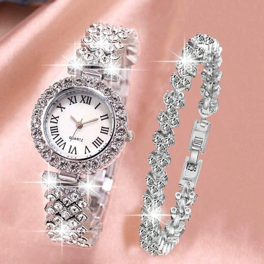 1 pieza Reloj de cuarzo elegante y de moda con números romanos redondos y juego de pulsera para mujer, adecuado para uso diario, regalo de cumpleaños, vuelta al colegio, Acción de Gracias, parejas, mejor regalo (excluyendo la caja de embalaje) - Plateado - Ver 1