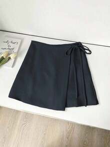 Falda de tela texturizada de estilo ancho, asimétrica y con tirantes, de estilo casual y versátil para graduación, primavera y verano - Azul marino - Ver 1