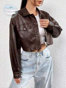 Chaqueta de cuero PU corta de color marrón sólido y minimalista para mujer, de manga larga - Marrón - Ver 8