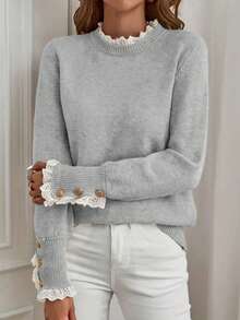 Plus Size [Tops] BuyK Elegant Lace Trim Crew Neck Long Sleeve Knit Sweater For Women, Fashionable Gold Button Decor Top Fall - Grey - View 3
