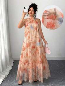 Vestido de malla floral sin mangas elegante para mujer de talla grande - Naranja Coral - Ver 7