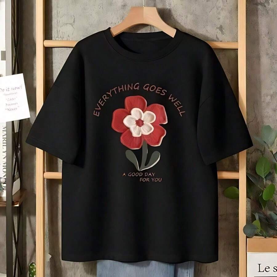 This Women's Crew Neck T-Shirt Features A Sublimated Floral Print, Exuding A Delicate And Youthful Charm, Perfect For A Sweet And Maternal Look. Ideal For Mother's Day. - 黑色 - 查看 1