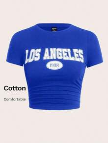 Camiseta De Manga Corta Para Mujer Con Estampado De Letras - azul real - Ver 1