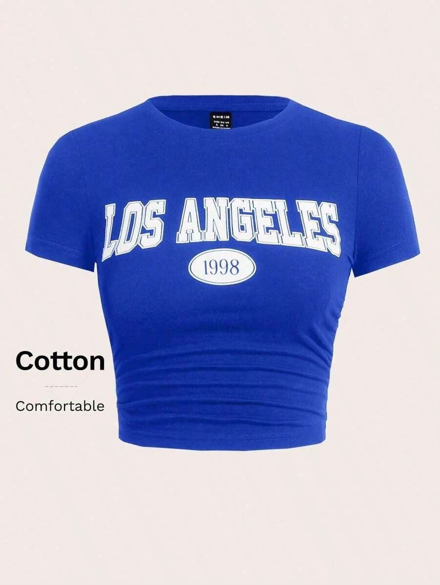Camiseta De Manga Corta Para Mujer Con Estampado De Letras - azul real - Ver 1