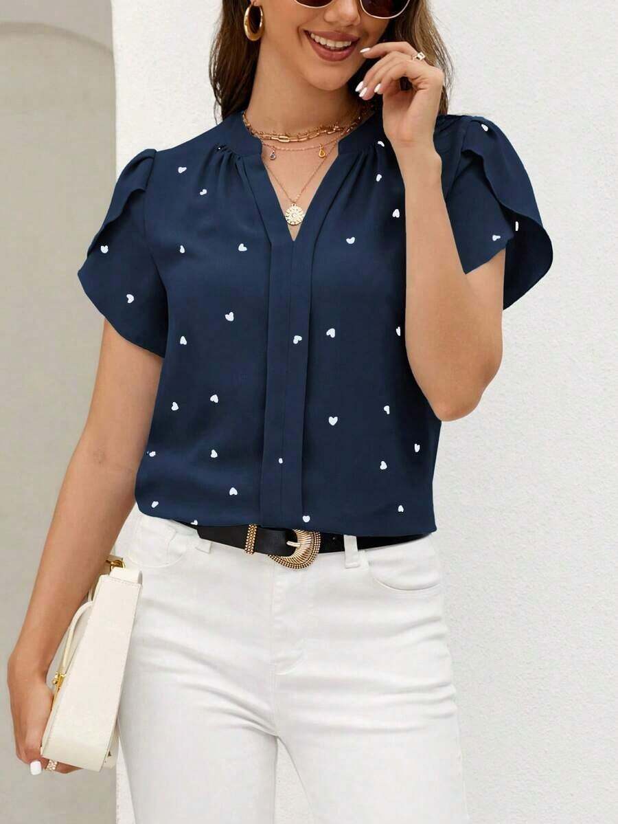 Blusa de mujer de escote en V con estampado de corazón y mangas con volantes para el verano y la playa - Azul - Ver 1