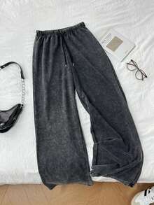 Pantalones de chándal de pierna recta y cintura baja para mujer, apropiados para el verano, con efecto lavado - Negro - Ver 2