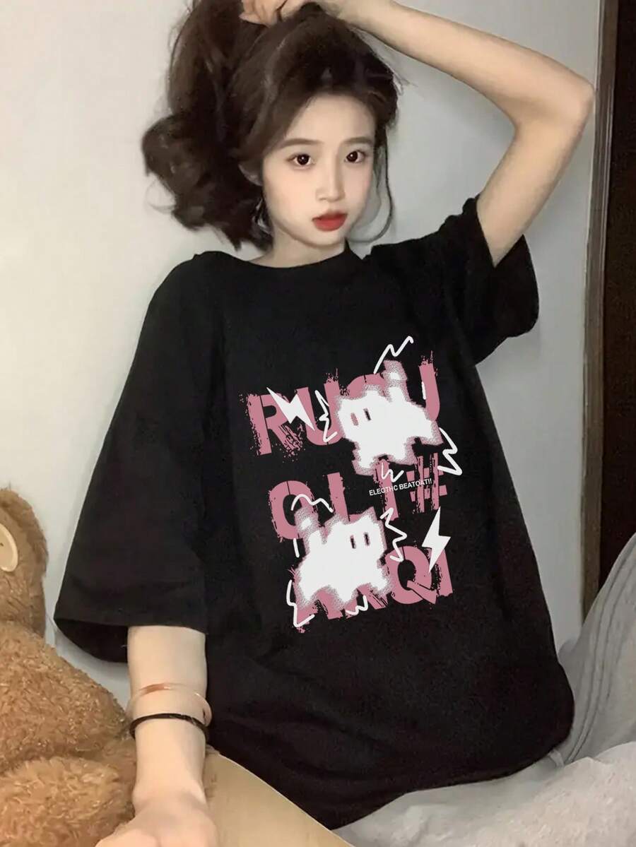 Kaos Wanita Gaya Jepang Model Longgar Kasual Leher Bulat Lengan Pendek dengan Motif Huruf & Kartun Kucing, Serbaguna untuk Musim Semi/Panas, Warna Hitam - Hitam - View 1
