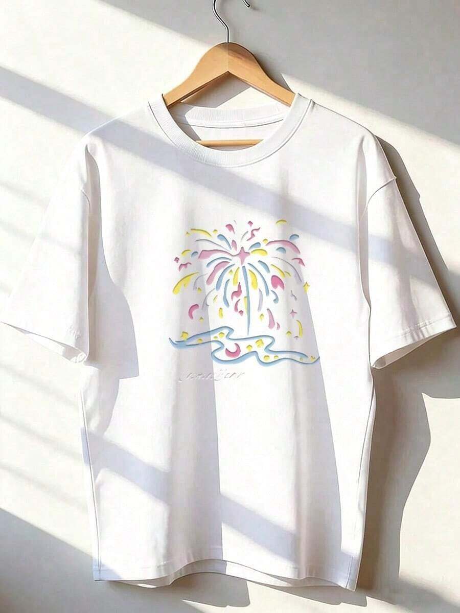 Remera Estampado Fuegos de Colores Estilo Minimalista Casual Juvenil,Camiseta de manga corta de moda para primavera y verano de 2026, hecha en México, 180 gramos. Estampado de dibujos animados, modelo de pareja, apta para uso interior o exterior. Cuello redondo, unisex, ideal para oficina y ocio. Paquete de una pieza. Camiseta Y2k - Blanco - Ver 1
