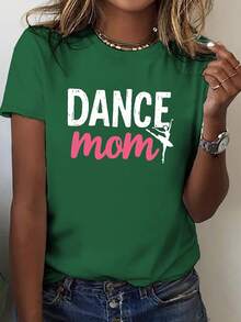 Camiseta casual de manga corta y cuello redondo, con diseño estampado de bailarina de ballet, adecuada para verano y primavera, blusa casual para mujer. - Verde - Ver 1