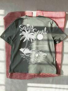 SALTY SOUL Women's Short Sleeve Crew Neck T-Shirt With Coconut And Sun Print, New Spring/Summer Collection, Versatile And Fashionable, Essential For Everyday Wear And Holidays. Women's Holiday Print T-Shirt, 100% Cotton - 綠色 - 查看 6