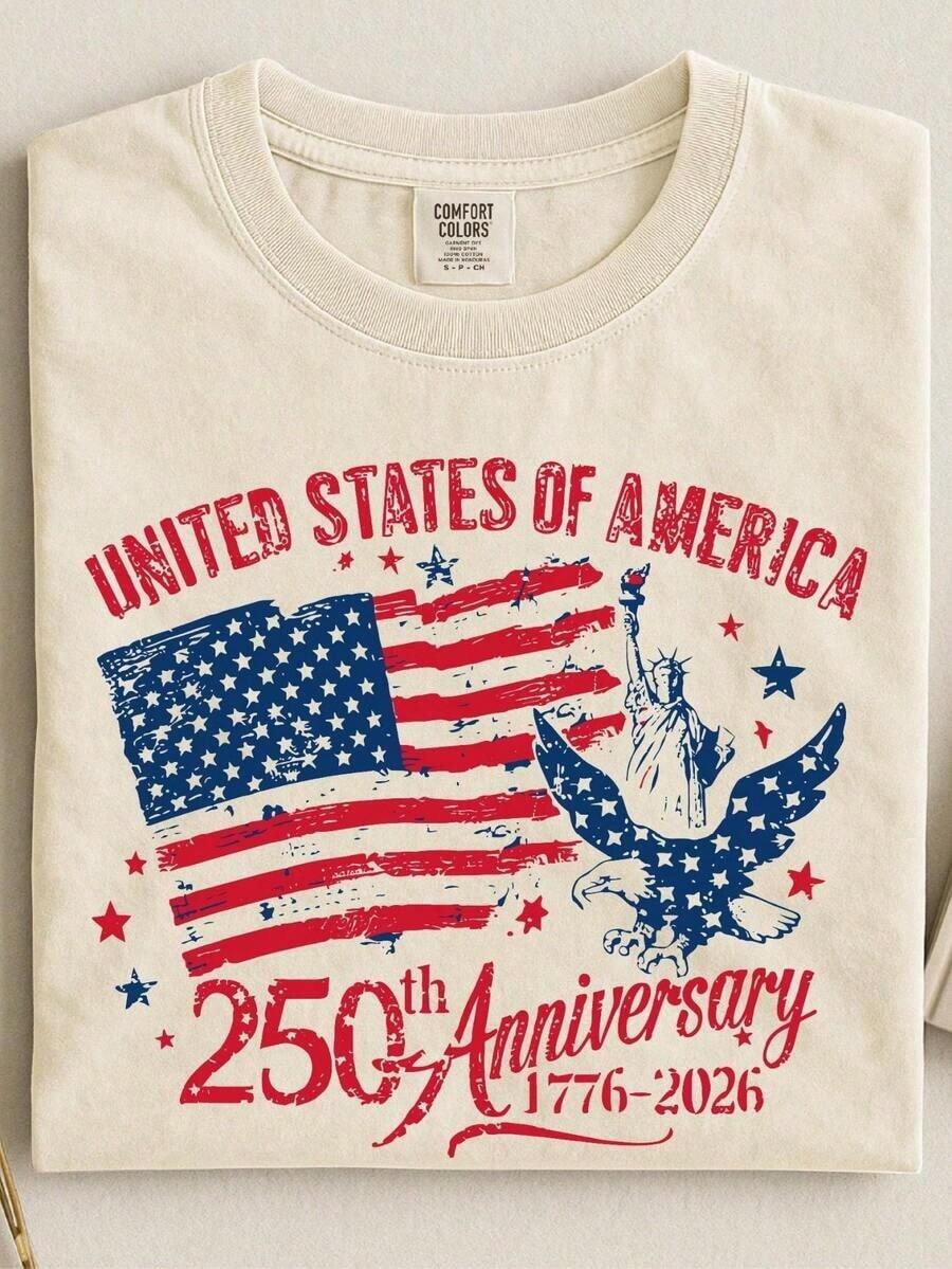 1 July 4th T-Shirt, Patriotic US Independence Day T-Shirt, Women's Fashionable Printed T-Shirt For All Seasons, Casual Short Sleeve T-Shirt For Women, Ideal For Gift, Holidays, Holidays, Daily Wear, 180g 100% Cotton. - 4-白 - 查看 1
