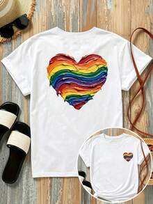 Camiseta de manga corta% algodón con estampado frontal y trasero - Corazóníris, Orgullo LGBTQ+ - Camiseta estampada de moda para mujer, de manga corta, adecuada para todas las estaciones, ropa moderna para todas las estaciones. Se puede usar como capa base en primavera y otoño o sola en verano. Estilo unisex, adecuada para amigos. Camiseta de moda de algodón de alta calidad. - Blanco - Ver 7