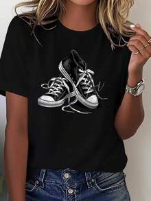 Zapatillas deportivas clásicas en blanco y negro, camiseta cómoda de algodón puro para mujer, blusa casual para mujer. - Negro - Ver 1