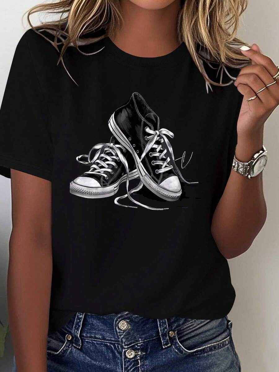 Zapatillas deportivas clásicas en blanco y negro, camiseta cómoda de algodón puro para mujer, blusa casual para mujer. - Negro - Ver 1