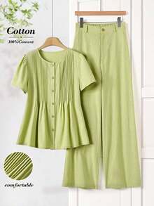 Conjunto informal de top de manga corta de cuello redondo y pantalones a rayas - Verde 2 - Ver 3