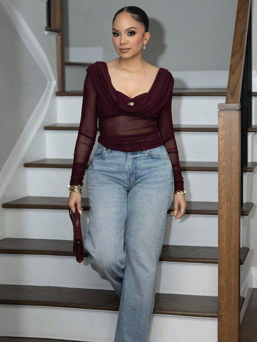 Matos Blusa de mujer de unicolor con cuello en V profundo, manga larga, ajustada, de malla de moda, blusa transparente, top de manga larga - Burdeos - Ver 1