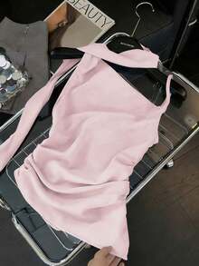 Blusa de tirantes asimétrica plisada en la cintura, de unicolor, para mujer, ideal para primavera/verano, estilo francés romántico de Sicilia, elegante y casual, para ir a trabajar, de vacaciones, tomar el té por la tarde, San Valentín, bodas y fiestas - Marrón - Ver 6