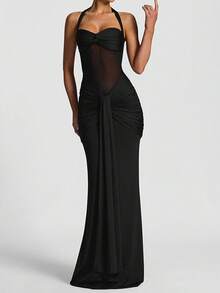DOUCIU Mesh Patchwork Satin Ruffle Strap Dress, Party Occasion Wear - Black - View 3