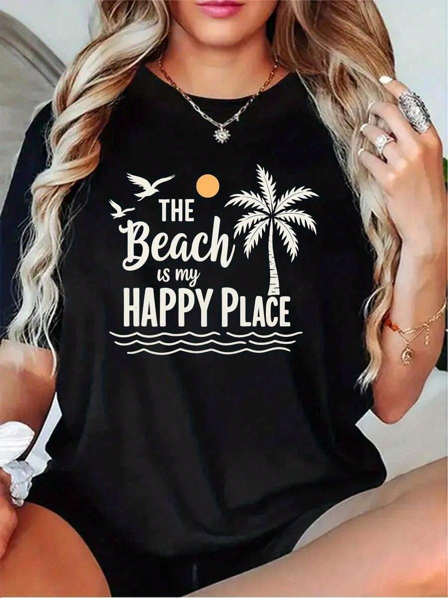 1 pieza de playera para hombre y mujer, 100% algodón puro, cuello redondo casual con estampado, manga corta transpirable para uso diario. La playa femenina es mi fuente de alegría, estampada. - Negro - Ver 1