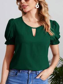 Blusa con cuello de ojal y manga abullonada, blusas de manga corta - Verde Oscuro - Ver 1