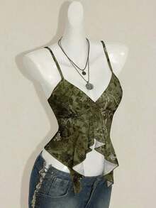 Top informal de tirantes con escote en V, dobladillo con volantes y estampado floral rosa para vacaciones' - Multicolor 5 - Ver 3