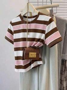 Frenchy Camiseta de manga corta holgada con cuello redondo, estilo asimétrico a rayas, minimalista y casual, versátil, adecuada para primavera/verano y temporada deportiva - Multicolor 14 - Ver 8