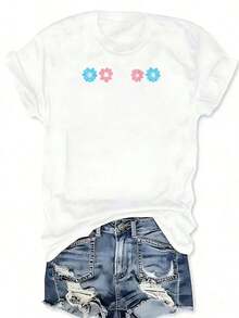 Camiseta con estampado de la bandera floral de la orgullo transgénero LGBTQ, manga corta, cuello redondo, top casual para verano y primavera, ropa de talla grande para mujer. - Blanco - Ver 3