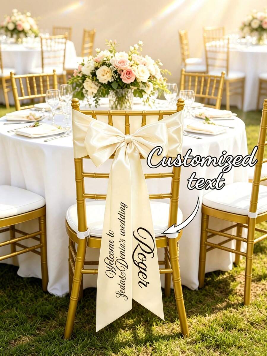 Custom Wedding Chair Sash With Names, Elegant Satin Bow Chair Ribbon For Wedding Ceremony, Bridal Shower & Anniversary Party Decor - Multicolor - View 1