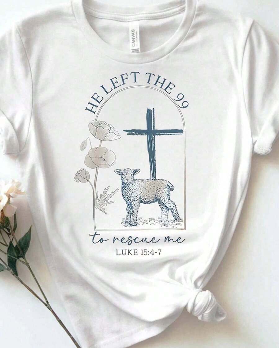 Camiseta de Algodón Blanca para Mujer: "Él Dejó Los 99 Para Rescues Me" Tema Religioso. Camiseta Casual de Manga Corta con Cuello Redondo y Estampado, Adecuada para Uso Diario. - Blanco - Ver 1