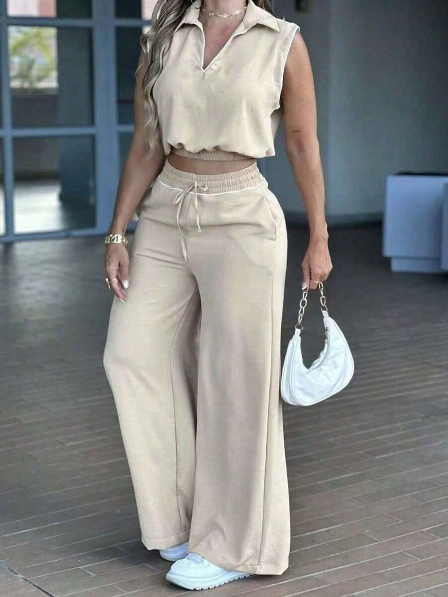 Conjunto casual minimalista de 2 piezas para mujer, top sin mangas de cintura alta con cuello y bolsillos, con cordón falso, elegante para primavera/verano en color negro - Albaricoque - Ver 1