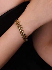 RAYQUEEN New Stainless Steel Hip Hop Geometric Chain Necklace & Bracelet Set, Suitable For Daily Wear And Gift - Yellow Gold - View 8