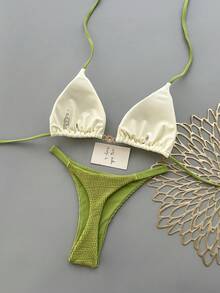Bộ bikini 2 mảnh phong cách bohemian thanh lịch, gợi cảm, in hoa, buộc dây, thích hợp cho kỳ nghỉ biển mùa xuân/hè. - Màu xanh chanh - Xem 2
